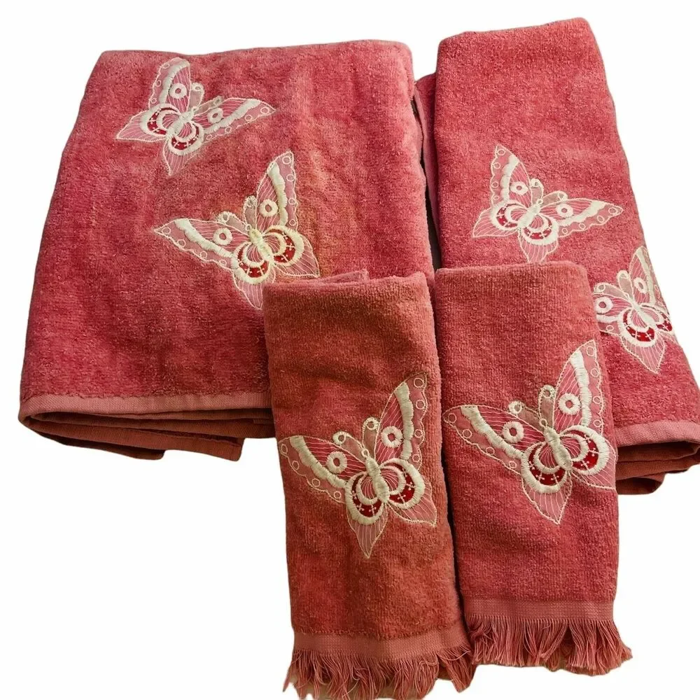 4329 After Bath Pink butterfly embroiderd towels